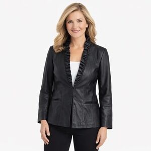 Neiman Marcus Exclusive Black Genuine Leather Jacket Ruffle Collar Womens Medium
